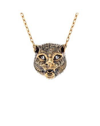 Le Marche Des Merveilles Feline Head Pendant Necklace 18K Yellow Gold with Turquoise and Diamonds